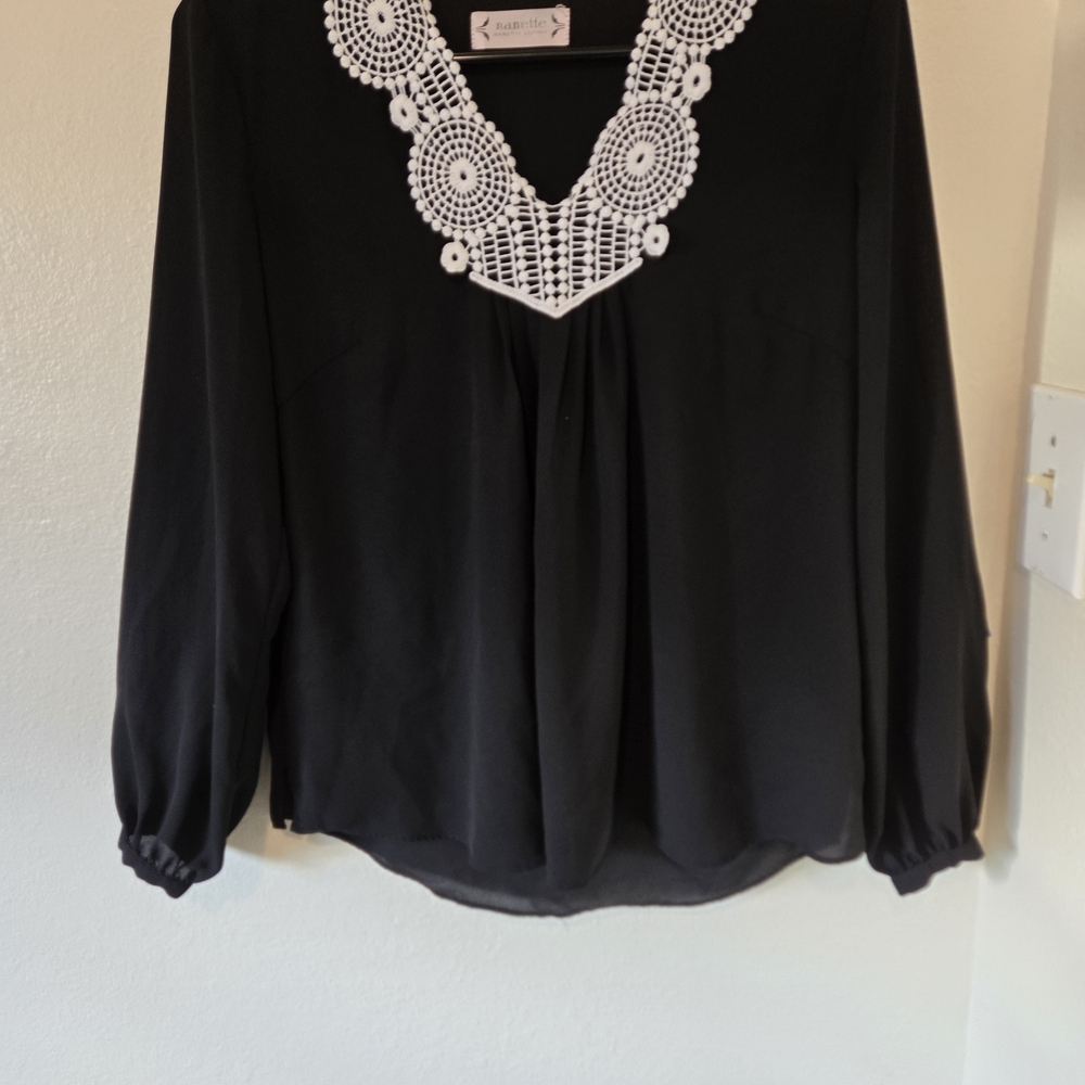 Nannette Black Blouse with White Crochet Accent